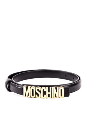 MOSCHINO: cinture - Cintura sottile in pelle con logo lettering