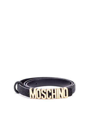 MOSCHINO: cinture - Cintura in pelle glitter con logo in metallo