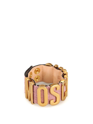 MOSCHINO: Bracciali e braccialetti - Braccialetto in pelle rosa con logo lettering