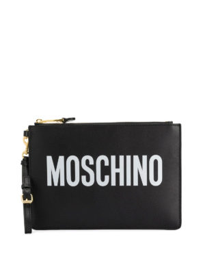 MOSCHINO: pochette - Pochette in pelle con logo nera