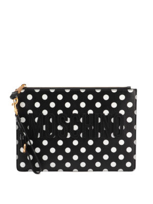 MOSCHINO: pochette - Clutch in pelle a pois con logo lettering