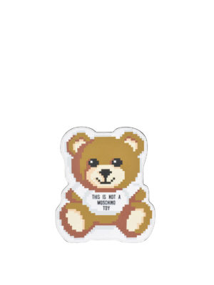 MOSCHINO: pochette - Clutch in pelle con stampa pixel Teddy Bear