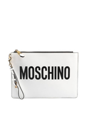 MOSCHINO: pochette - Pochette in pelle con logo bianca