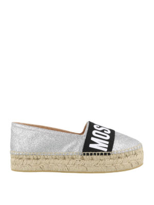 MOSCHINO: espadrillas - Espadrillas glitterate argentate con logo