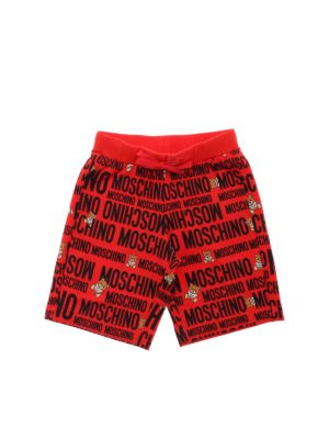 Moschino Kids: shorts - Multi-logo Teddy Bear bermuda in red