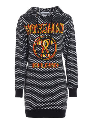 MOSCHINO: abiti al ginocchio - Abito felpa a pois con logo stampato