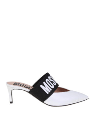 MOSCHINO: sabot - Sabot in pelle bianca con fascia logo