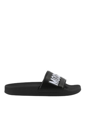 MOSCHINO: sandali - Ciabatte nere con logo stampato
