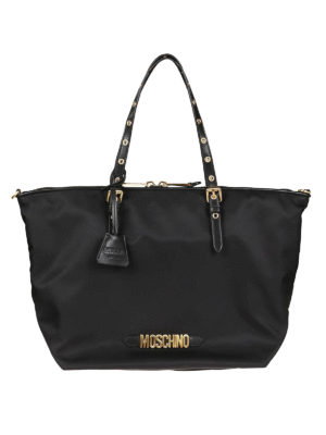MOSCHINO: shopper - Shopper in nylon con logo dorato