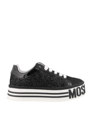 MOSCHINO: sneakers - Sneaker glitterate nere con maxi suola