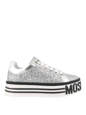 MOSCHINO: sneakers - Sneaker glitterate argentate con maxi suola