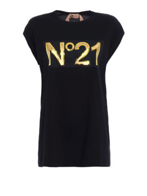 N°21: t-shirts - Rubberized gold tone logo T-shirt