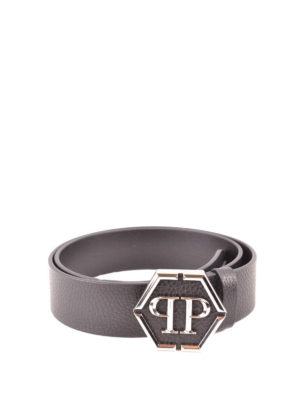 PHILIPP PLEIN: belts - Hexagonal logo grainy leather belt