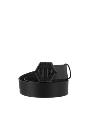 PHILIPP PLEIN: cinture - Cintura Statement in pelle nera con fibbia PP