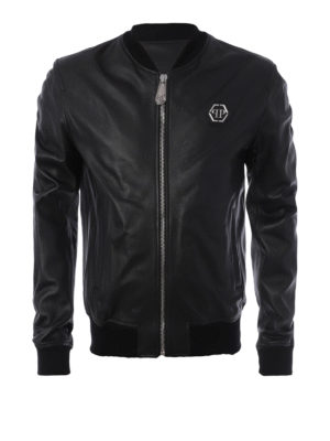 PHILIPP PLEIN: giacche bomber - Bomber in pelle nera con placca logo