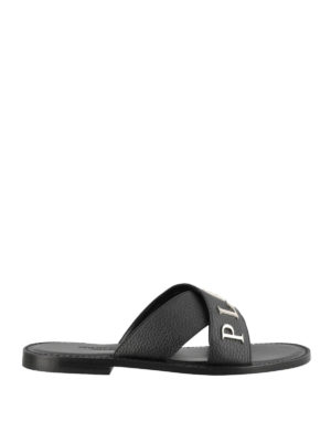 PHILIPP PLEIN: sandals - Metallic logo black leather flat sandals