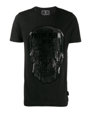 PHILIPP PLEIN: t-shirts - Crystal embellished Platinum Skull T-shirt