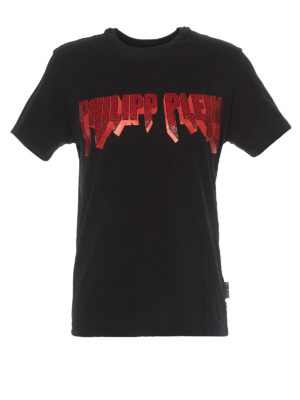 PHILIPP PLEIN: t-shirt - T-shirt Rock PP nera con cristalli rossi
