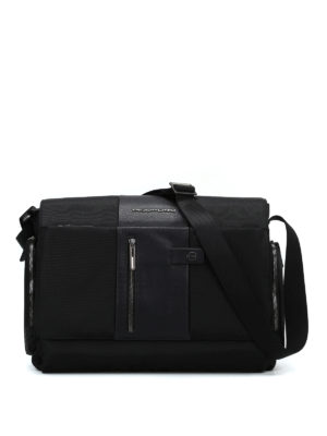 PIQUADRO: borse a spalla - Messenger nera in tessuto e pelle