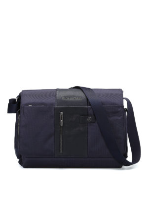 PIQUADRO: borse a spalla - Messenger blu in tessuto e pelle
