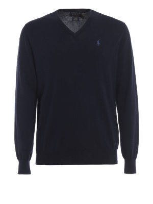 POLO RALPH LAUREN: maglia collo a v - Pullover in cotone blu scuro con scollo a V