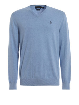 POLO RALPH LAUREN: maglia collo a v - Pullover in cotone azzurro con scollo a V