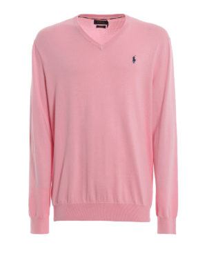 POLO RALPH LAUREN: maglia collo a v - Pull slim fit a V in cotone rosa confetto