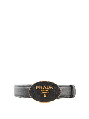 PRADA: cinture - Cintura nera in pelle Saffiano con logo