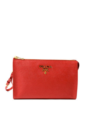 PRADA: pochette - Clutch in pelle saffiano color rosso fuoco