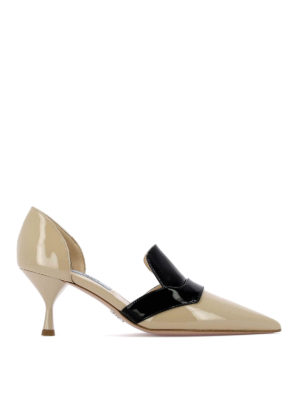 PRADA: scarpe décolleté - Décolleté media beige e nera in vernice