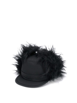 PRADA: hats & caps - Black baseball cap with mohair ear flaps