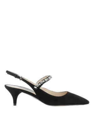 PRADA: sabot - Slingback in suede nero e cinturino gioiello