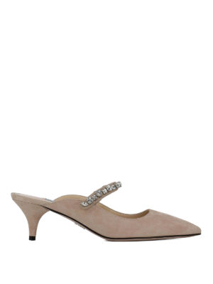 PRADA: sabot - Mules in suede nude con cinturino gioiello