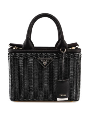 PRADA: shopper - Borsa Midollino nera in vimini e canvas