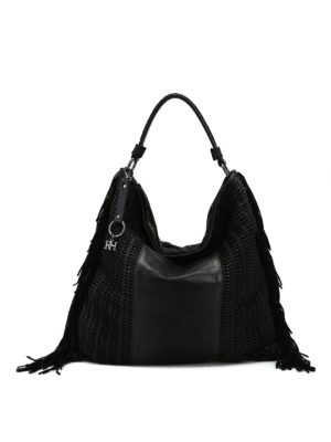 REPTILES'S HOUSE: borse a spalla - Borsa a spalla Gemma in pelle nera con frange