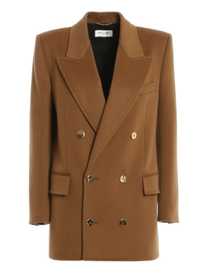 SAINT LAURENT: blazers - Golden button detailed wool blend long blazer