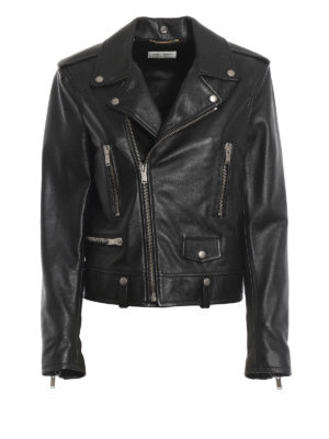 SAINT LAURENT: giacche in pelle - Giacca biker in pelle con stampa palme