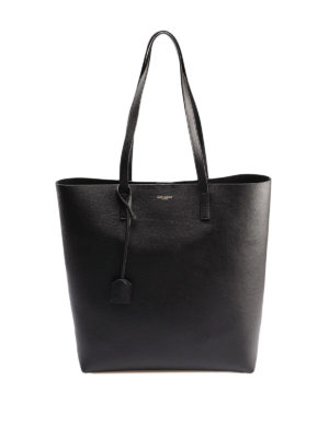SAINT LAURENT: shopper - Shopper nera in pelle liscia con logo