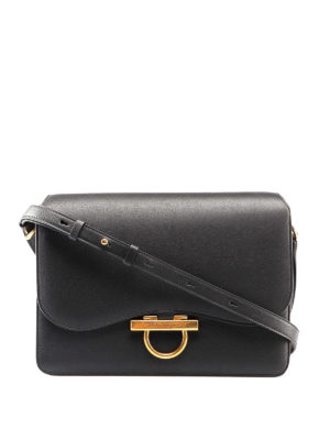 SALVATORE FERRAGAMO: borse a spalla - Borsa in pelle nera con Gancio vintage