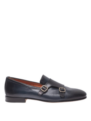 SANTONI: Mocassini e slippers - Mocassini in pelle blu  con doppia fibbia