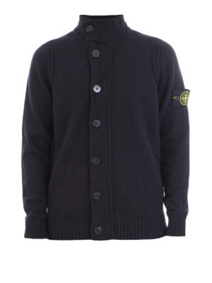 STONE ISLAND: cardigan - Cardigan nero in lana con collo alto