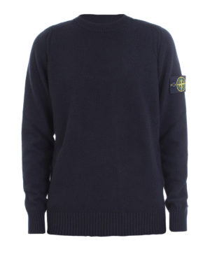 STONE ISLAND: maglia collo rotondo - Pullover nero in lana con patch logo