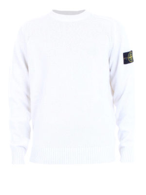 STONE ISLAND: maglia collo rotondo - Pullover bianco in lana con logo patch