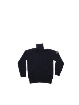 Stone Island Junior: knitwear - Blue turtleneck pullover with removable logo