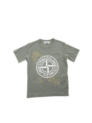 Stone Island Junior: t-shirts - Camouflage logo print T-shirt in green