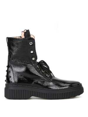 TOD'S: tronchetti - Tronchetti in vernice con linguetta ricamata