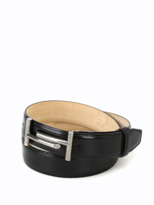 TOD'S: cinture - Cintura in pelle lucida con doppia T anticata