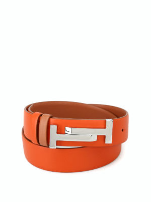 TOD'S: cinture - Cintura in pelle arancio con fibbia Double T