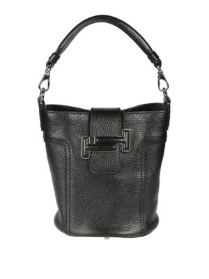 TOD'S: Secchielli - Borsa a secchiello in pelle nera con doppia T