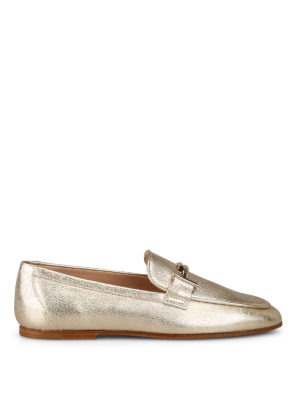TOD'S: Mocassini e slippers - Mocassini Double T in pelle laminata oro